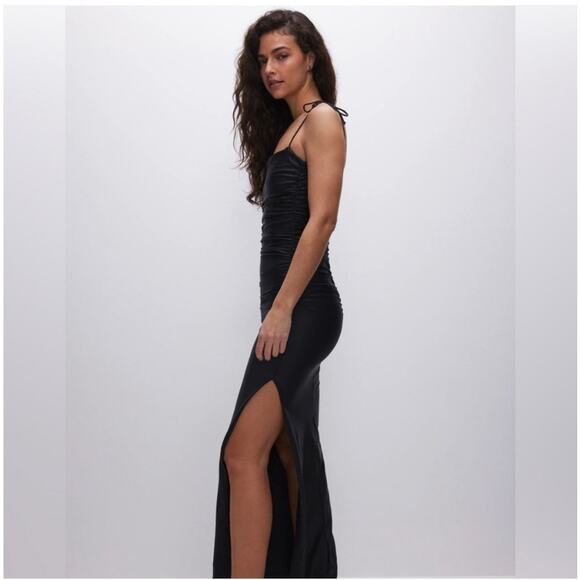 GOOD AMERICAN Ruched Satin Slip Maxi Dress Black, Size 2/Medium - Picture 3 of 16